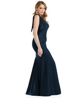 Women's Cascading Bow One-Shoulder Stretch Satin Mermaid Dress with Slight Train