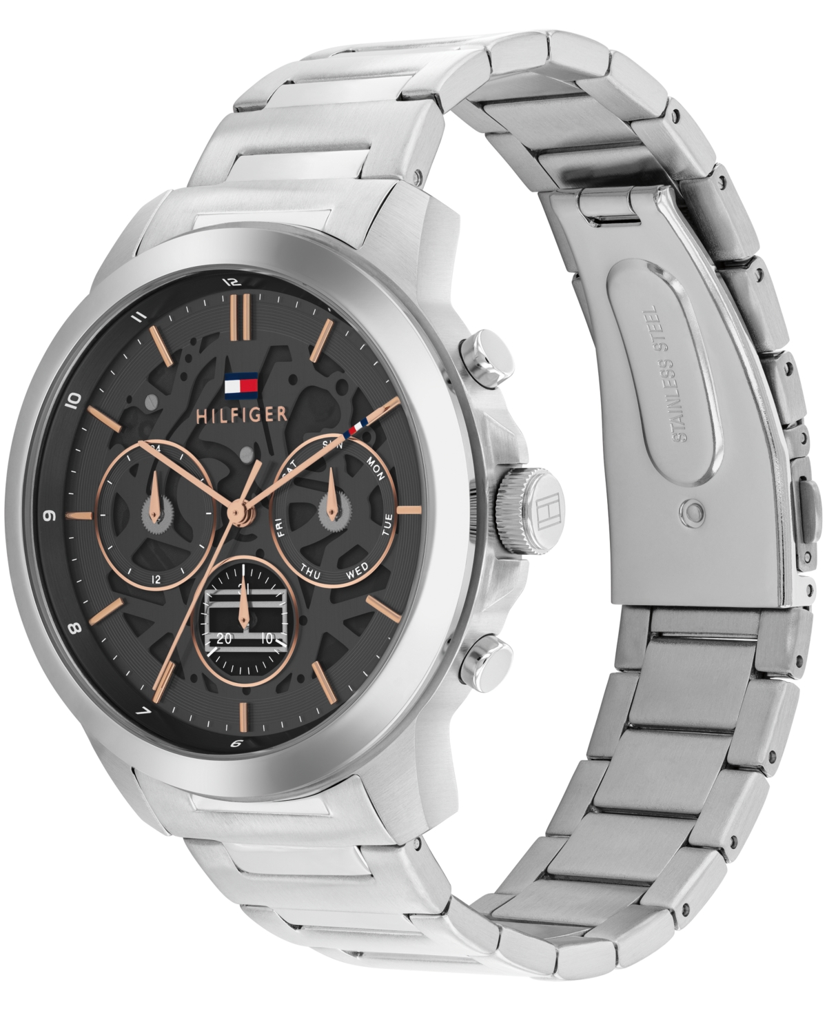 Tommy Hilfiger Men's Multifunction Silver Tone Stainless Steel Bracelet Watch, 43mm In White