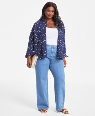 On 34th - Trendy Plus Size Foliage-Print Silky Polished Shirt
