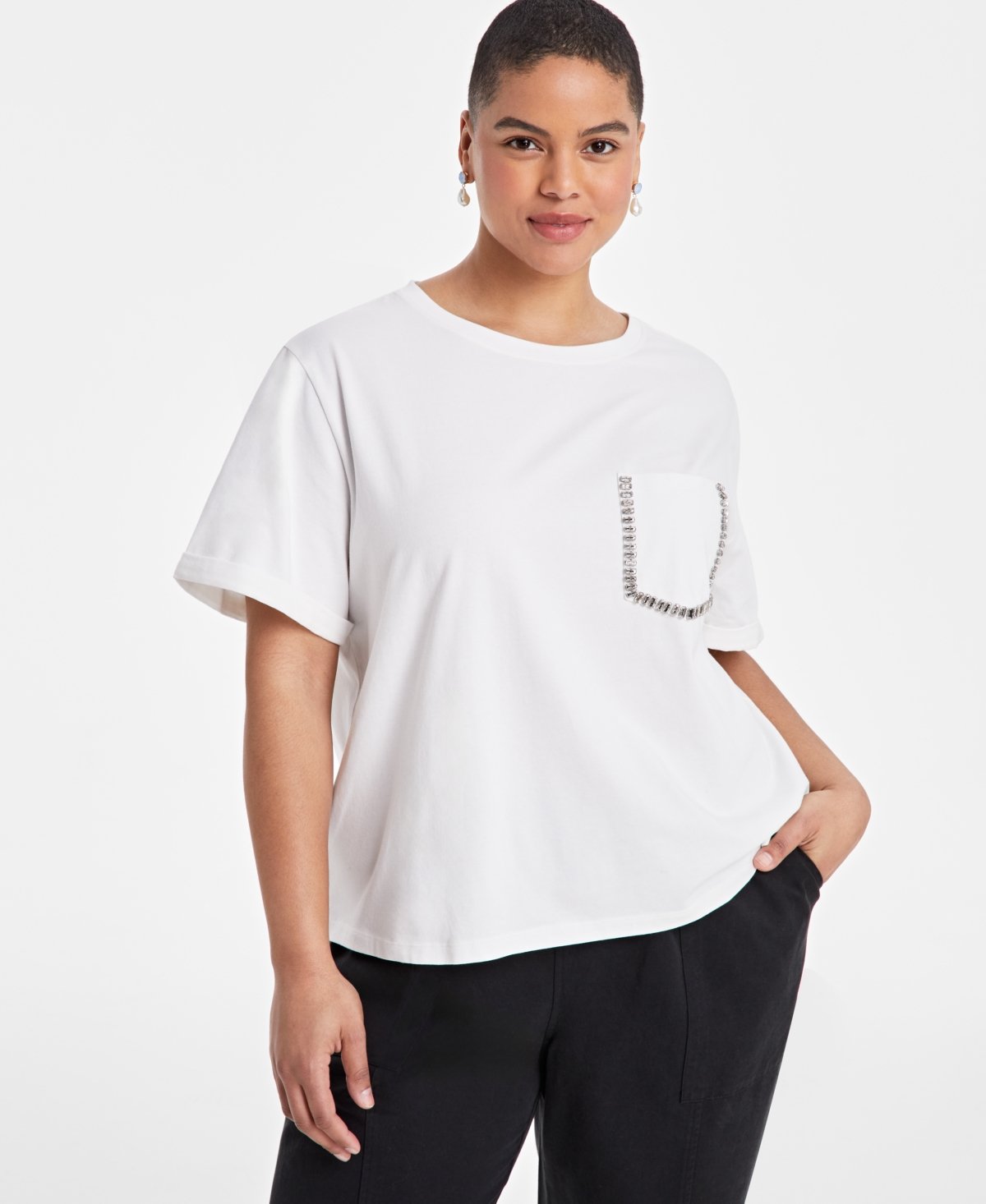 Trendy Plus Size Rhinestone-Trim Pocket T-Shirt, Exclusively at Macy's - Washed Whi