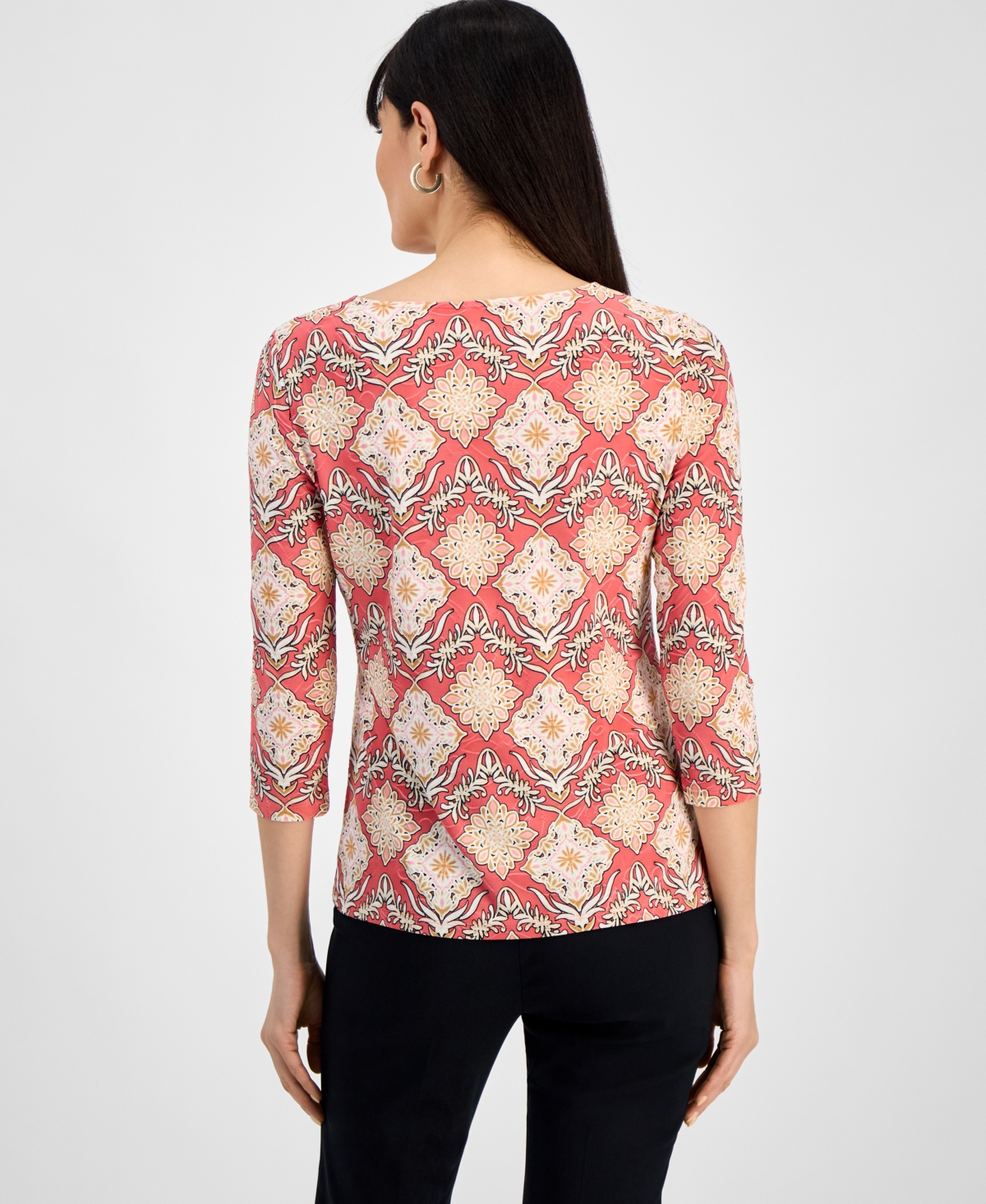 JM COLLECTION WOMEN'S PRINTED 3/4 SLEEVE SCOOP-NECK JACQUARD TOP, EXCLUSIVELY AT MACY'S 