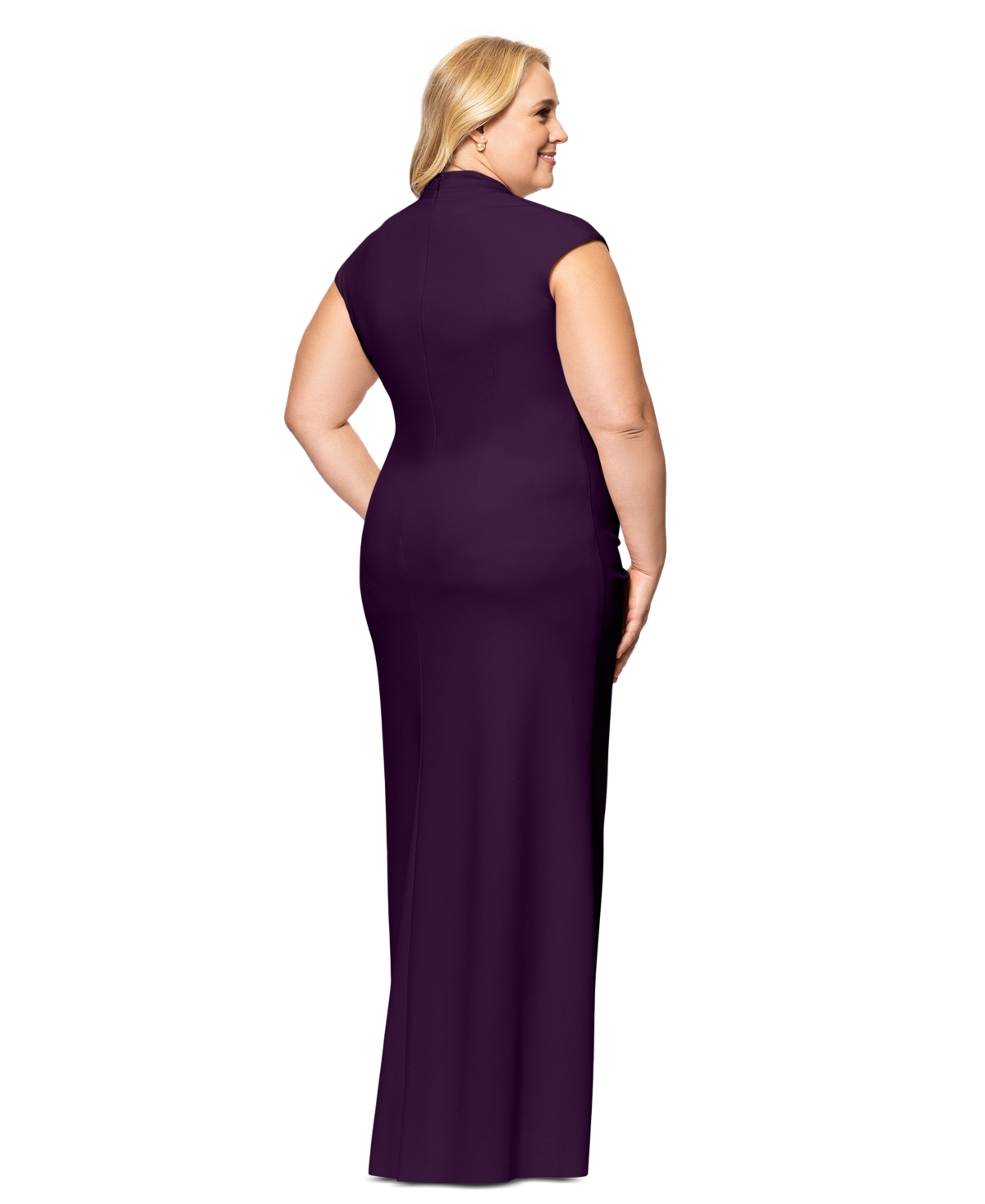 BETSY & ADAM PLUS SIZE CASCADING RUFFLE WRAP GOWN 