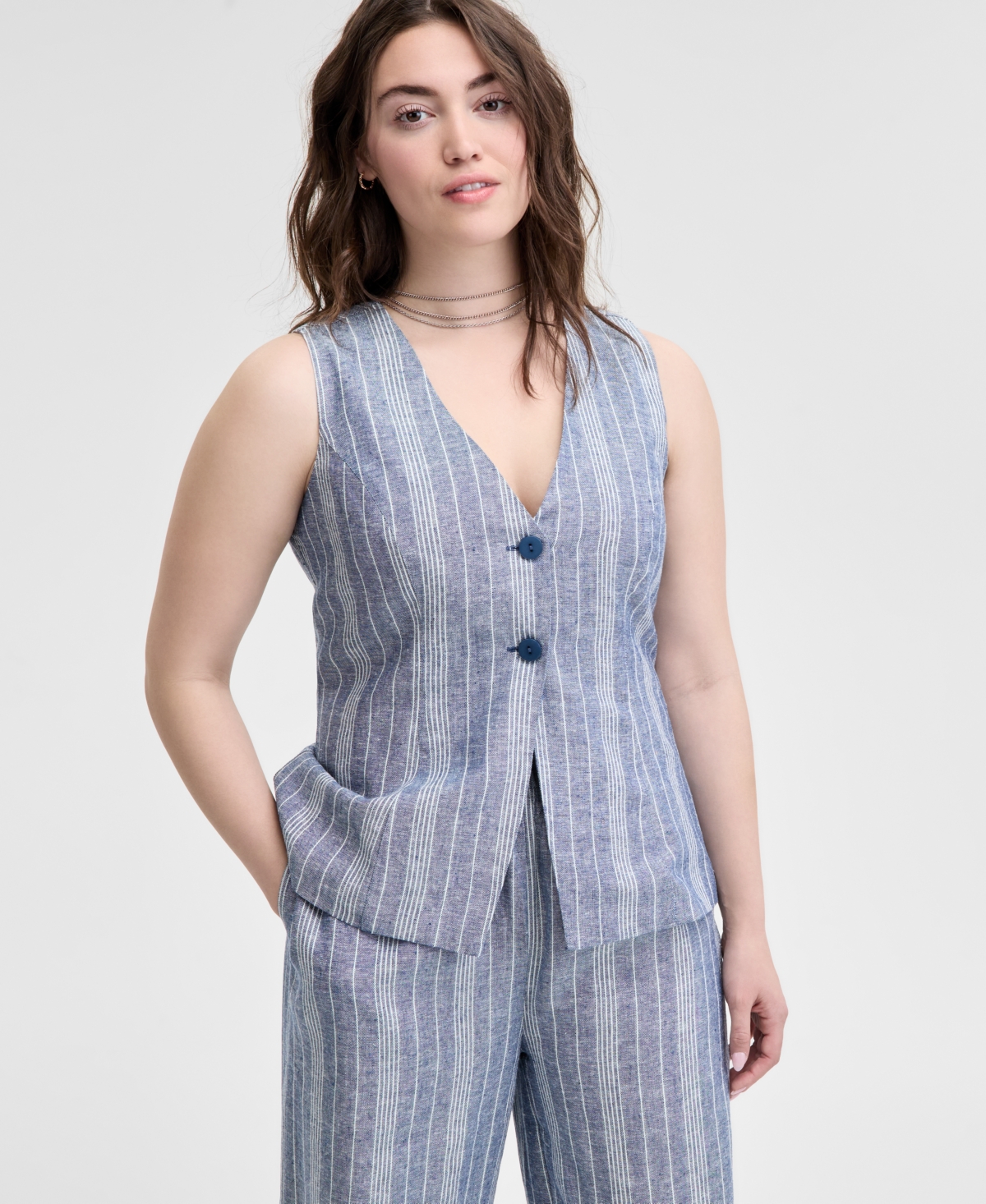 AND NOW THIS WOMEN'S STRIPED SLEEVELESS DOUBLE-BUTTON VEST, EXCLUSIVELY AT MACY'S 