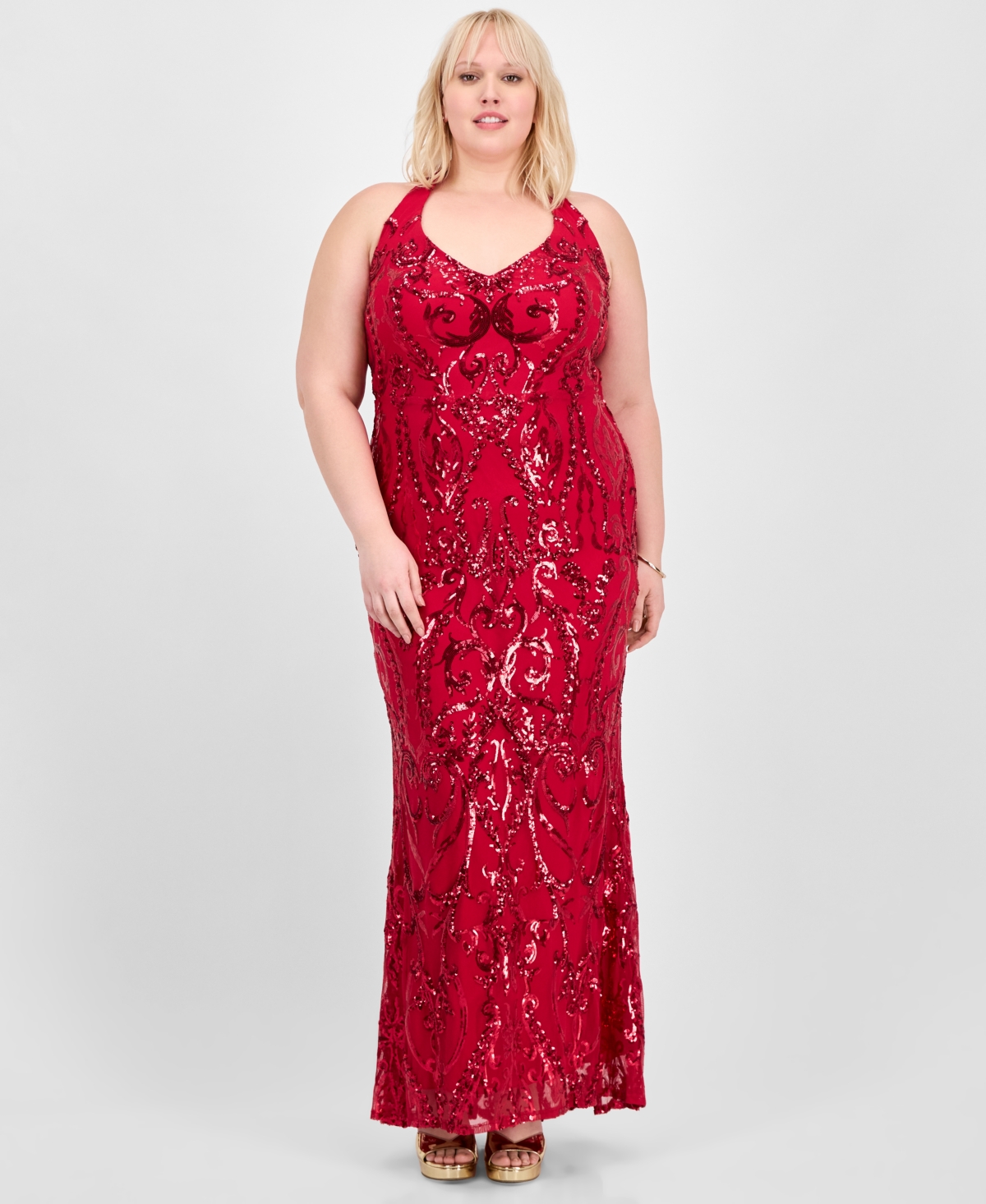 Trendy Plus Size Sequin Embellished Halter Gown, Created for Macy's - Medium Red