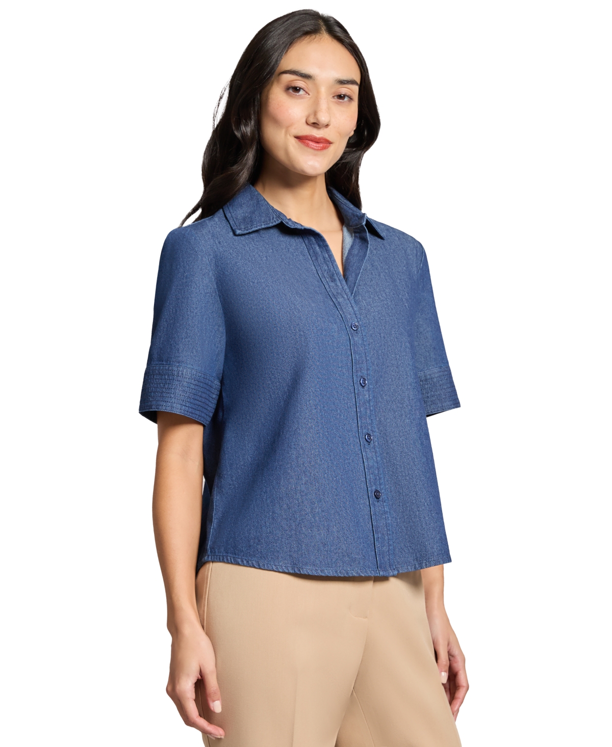 Jones New York Petite Cotton Short-sleeve Chambray Shirt In Dark Wash