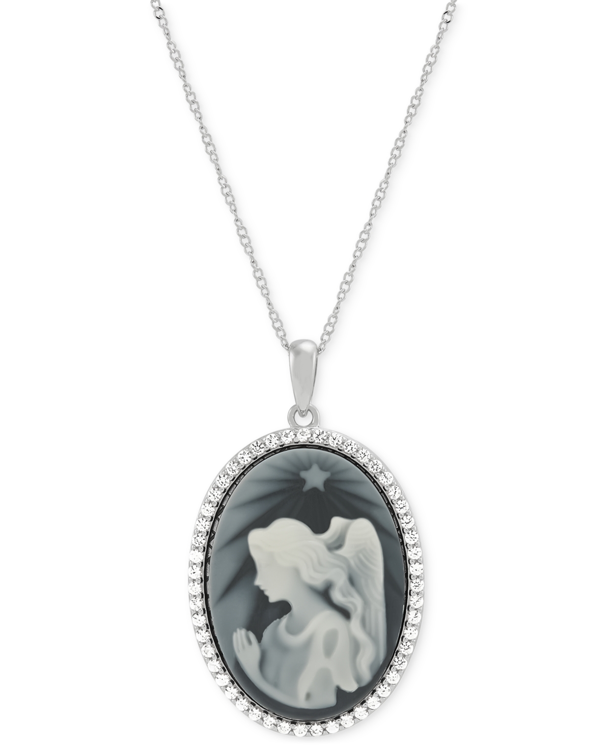 Macy's Shining Star Angel Cameo & Created White Sapphire (5/8 Ct. T.w.) Pendant Necklace In Sterling Silver In Sterling Silver
