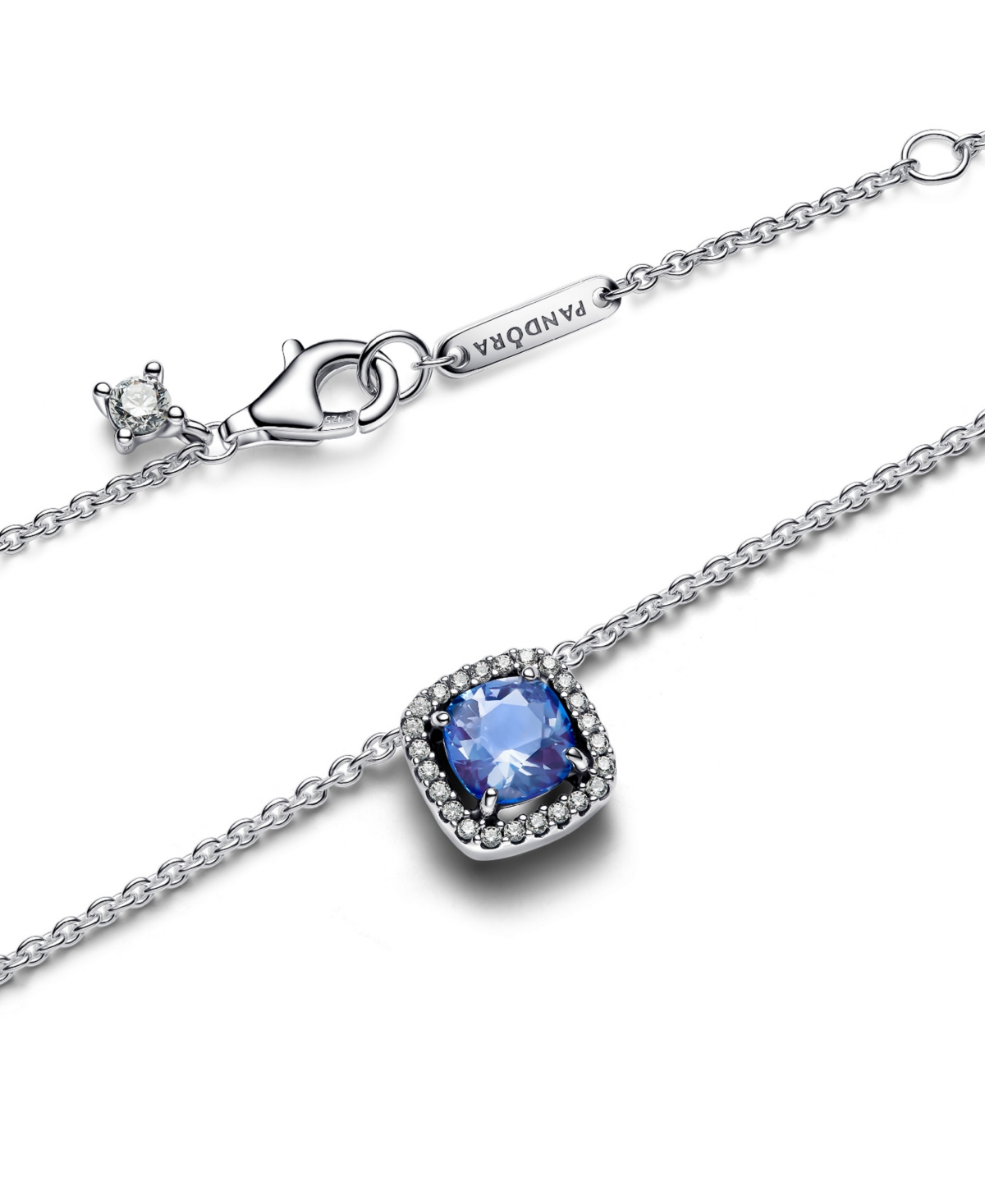Pandora Sparkling Square Blue Halo Pendant Necklace In Sterling Silver