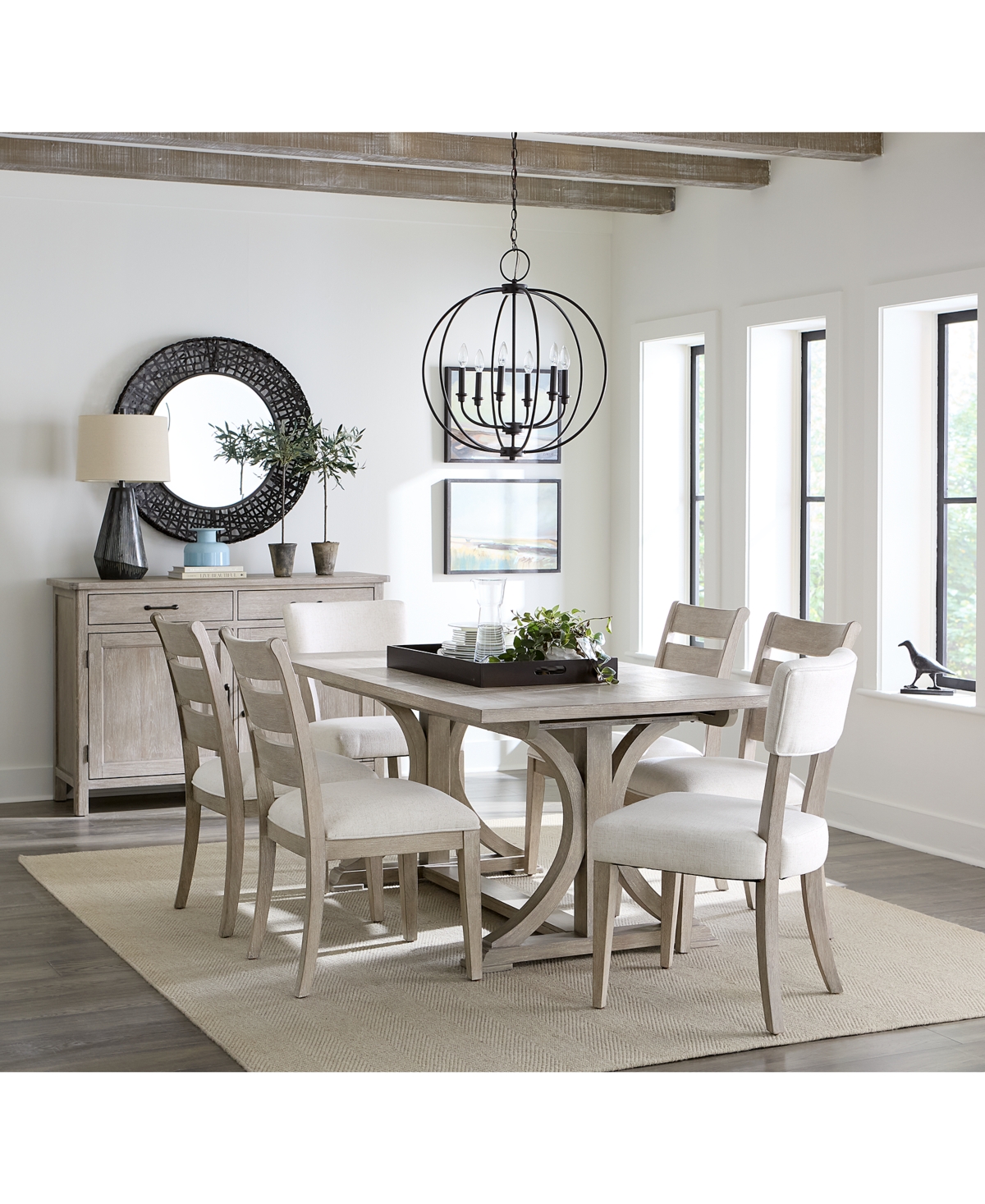 Macy's Sadie 7-pc. Rectangular Dining Set (table & 4 Ladder Back Chairs & 2 Upholstered Side Chairs), Creat In Gray