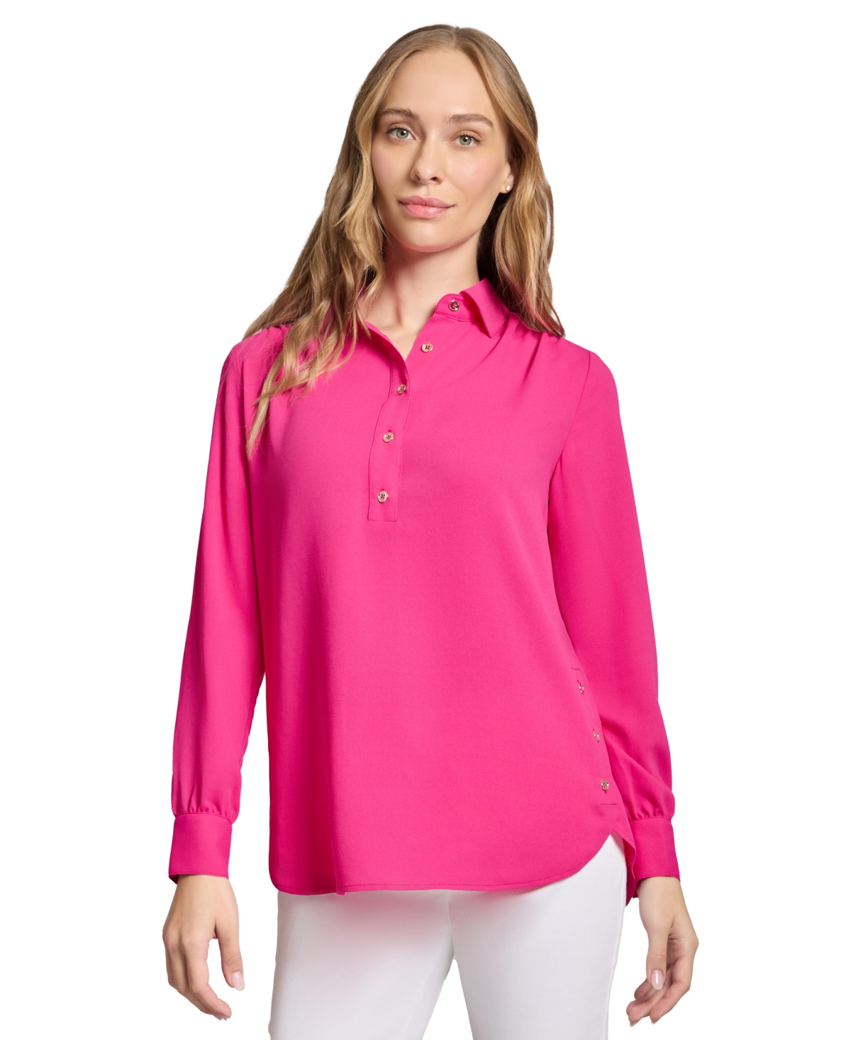 JONES NEW YORK LONG SLEEVE SHIRTTAIL SIDE BUTTON POPOVER TUNIC