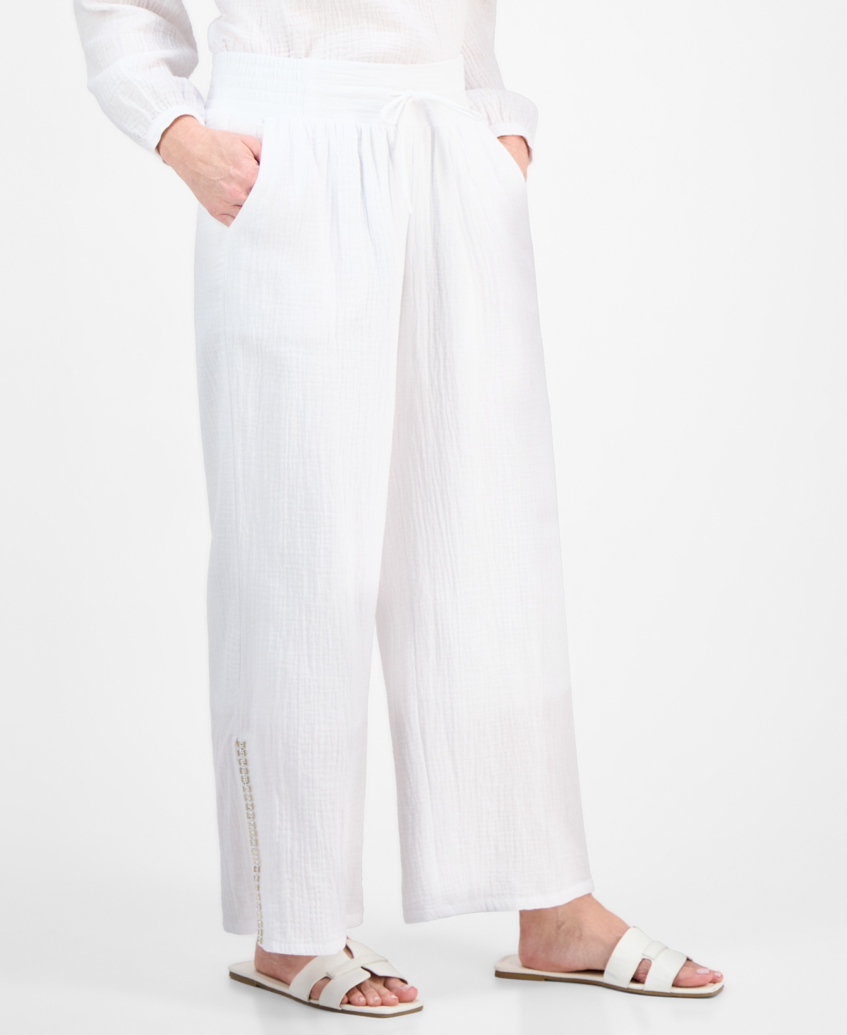 JM COLLECTION PETITE GAUZE SPLIT-HEM WIDE-LEG PANTS, EXCLUSIVELY AT MACY'S 