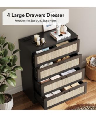 4 Drawer Dresser for Bedroom, Rattan Chest of Dressers