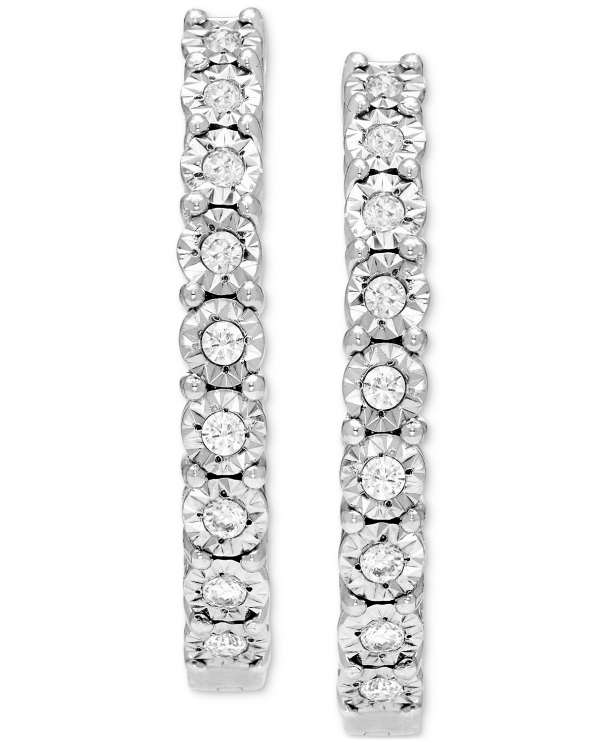 Macy's Diamond Sunray Textured Small Hoop Earrings (1/4 Ct. T.w.) In Sterling Silver. 0.9" In Sterling S