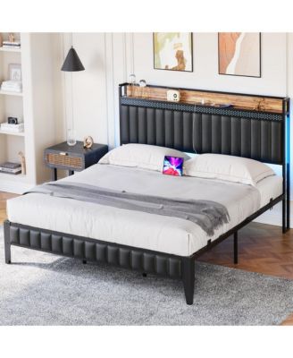 Queen Bed Frame with Charging Station, LED Bed Frame with Storage Headboard, Upholstered Platform Bed Frame