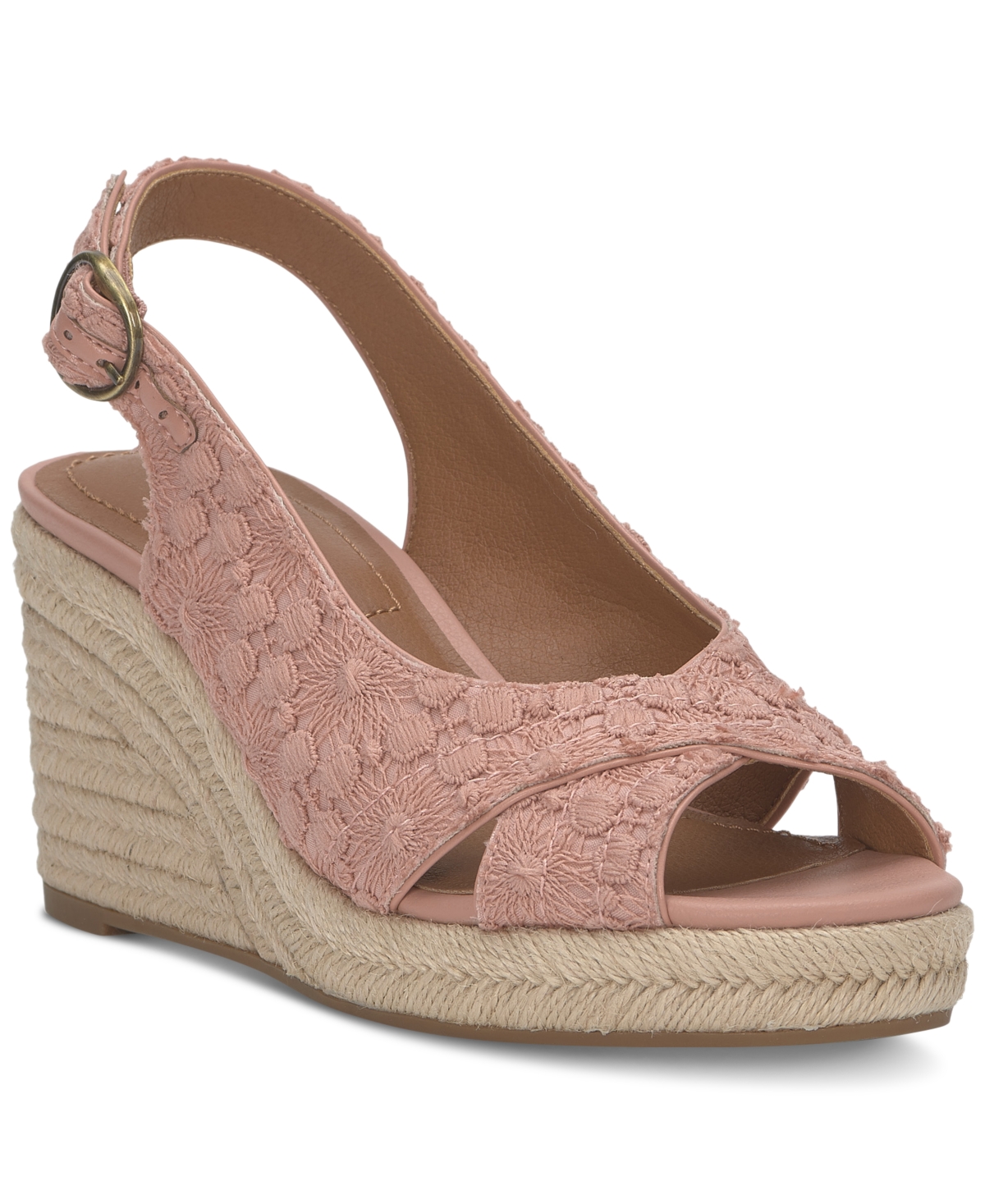 Shop Lucky Brand Women's Cyrila Floral Slingback Peep-toe Espadrille Wedge Sandals In Bellini Blush Lace Floral