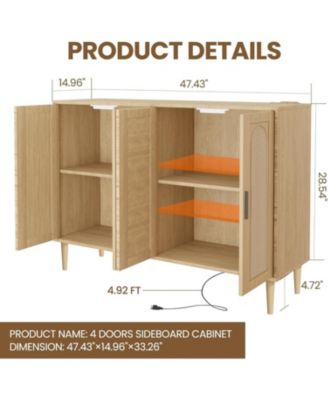 Rattan Sideboard Buffet Cabinet, 4 Doors Accent Storage Cabinet