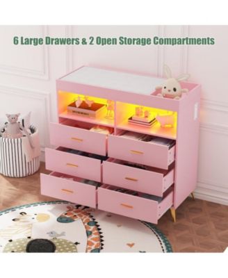 Dresser for Bedroom with 6 Drawers, Baby Changing Table Dresser with Changing Pad, LED Lights & Charging Station, Baby Changing Station with Changing Table Top