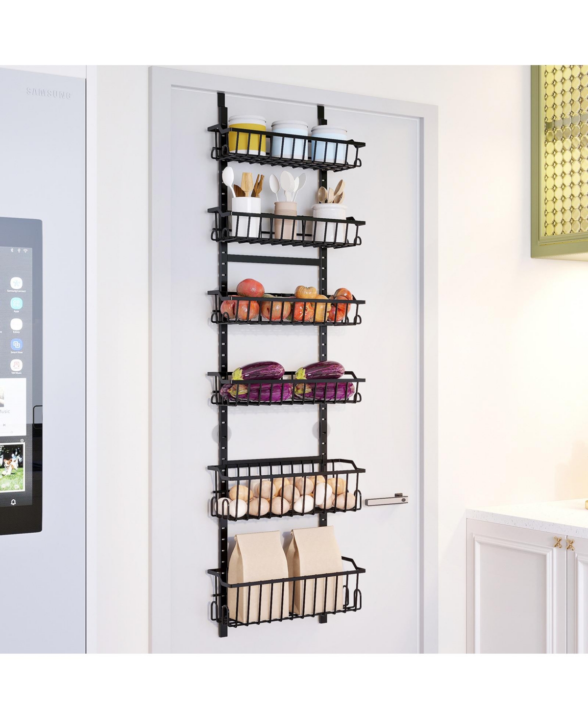 Over The Door Pantry Organizer, Hanging Door Organizer With Adjustable Detachable Basket, Suction Cups, 6-Tier Behind Door Storage For Bathroom