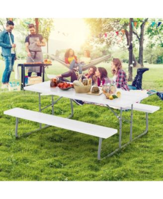 Folding Picnic Table Set with Metal Frame and All-Weather HDPE Tabletop, Umbrella Hole