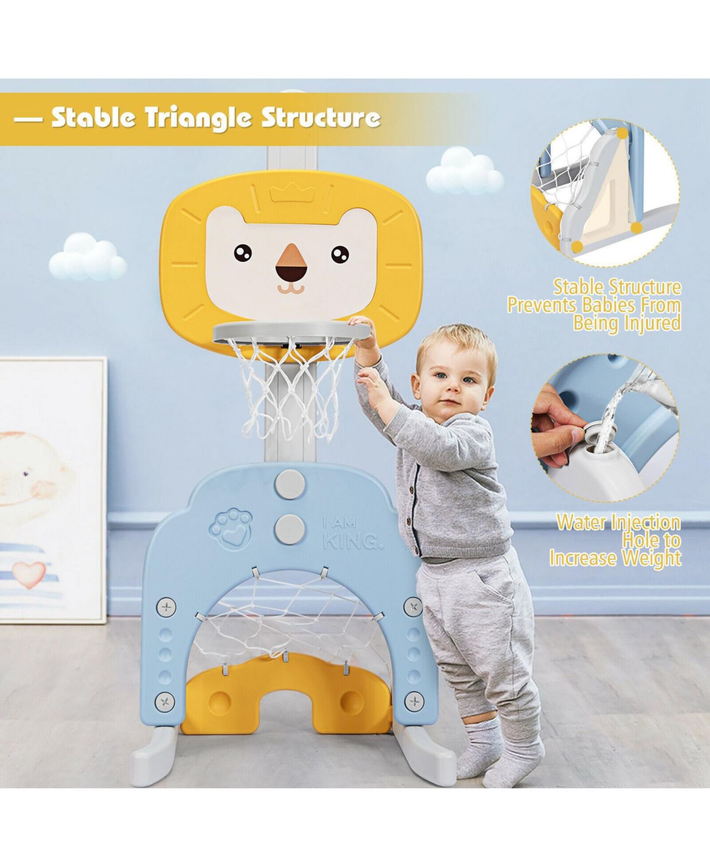 Детские игрушки KUYOTQ 3-in-1 Adjustable Basketball Hoop Sports Set, Ages 2-7 — фото 5