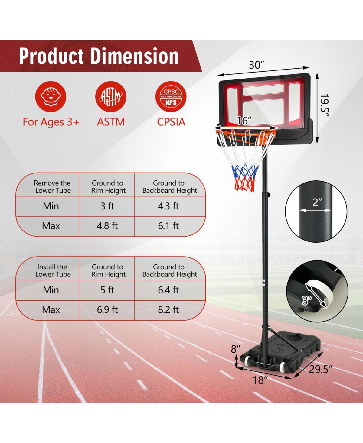 Kuyotq 4.3-8.2 Ft Portable Basketball Hoop with Adjustable Height and Wheels