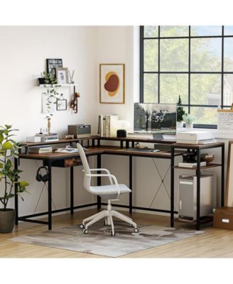 L Shaped Desk with Drawers and Led Lights, 55 Inch Computer Desk with Shelves & Monitor Stand, L Shaped Computer Desk with USB Charging Port and Power Outlets, Home Office Desk Corner Desk
