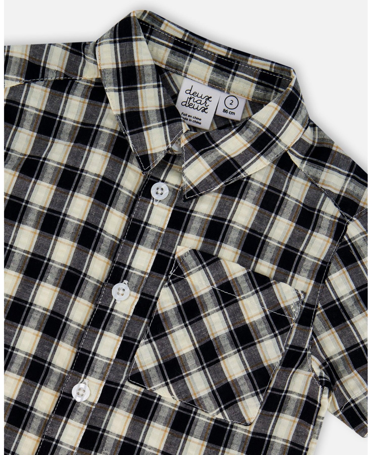Deux par Deux Baby Boys Short Sleeve Button Down Shirt Black And Beige Plaid