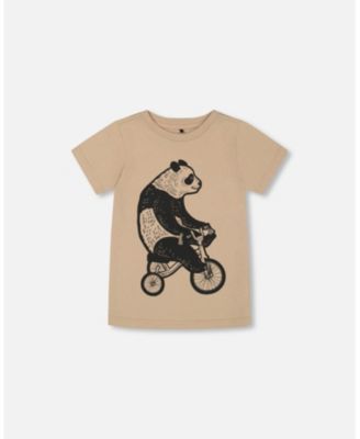 Deux Par Deux Organic Cotton Graphic Tee - Black Panda On Beige Background Deux Par Deux Organic Cotton Graphic Tee - Black Panda On Beige Background