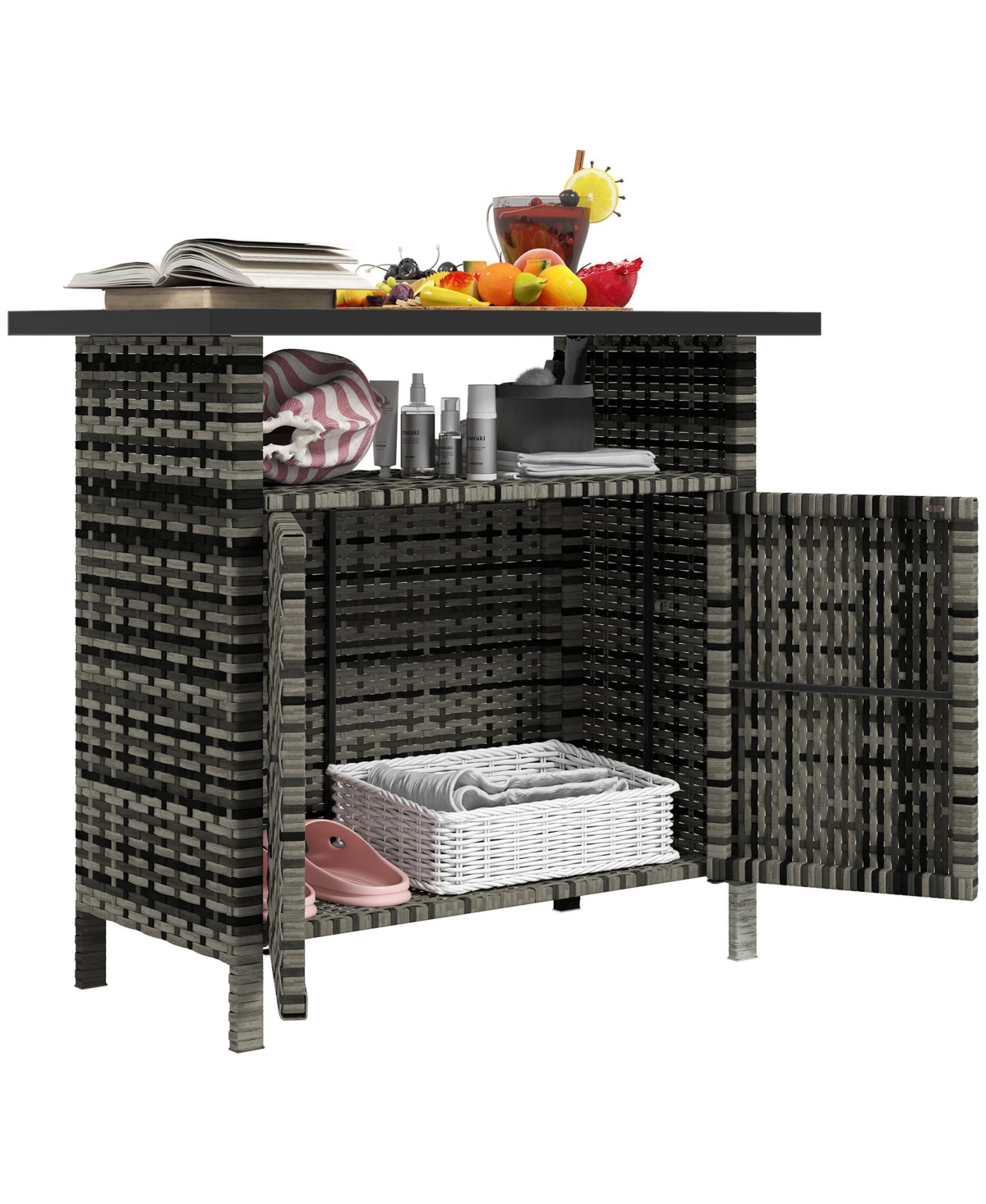 Wicker Storage Cabinet, Outdoor Buffet Cabinet, Mixed - Gray