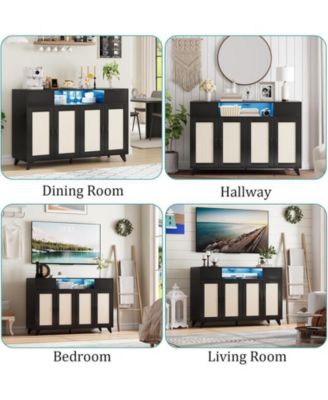 Sideboard Buffet Cabinet, 47" Accent Storage Cabinet with 4 Rattan Doors & 2 Drawers Console Table Coffee Bar w/Power Outlet & LED Light Adjustable Shelves for Dining Living Room, Hallway