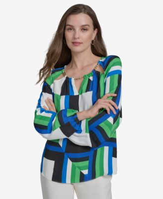 Halston - Women's Geo-Print Chain Cut-Out Blouse