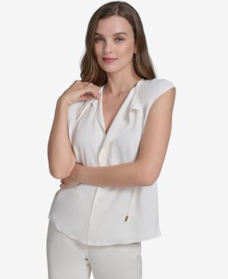 Halston - Women's Sleeveless Split-Neck Tassel-Tie Blouse
