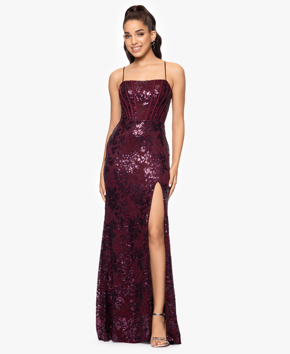 Juniors' Sequined Lace Corset Gown - Wine/wine