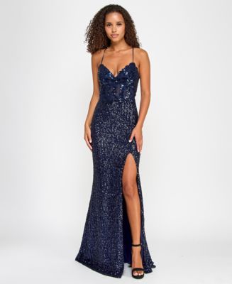 Prom 2025 Navy Blue Windsor Long Formal Dresses City Studios Juniors'  Sequin Side-Slit Lace-Up Gown Macy's