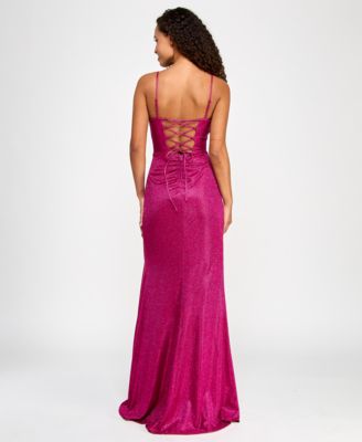 Juniors' Glitter Drape Front Lace-Up Back Gown