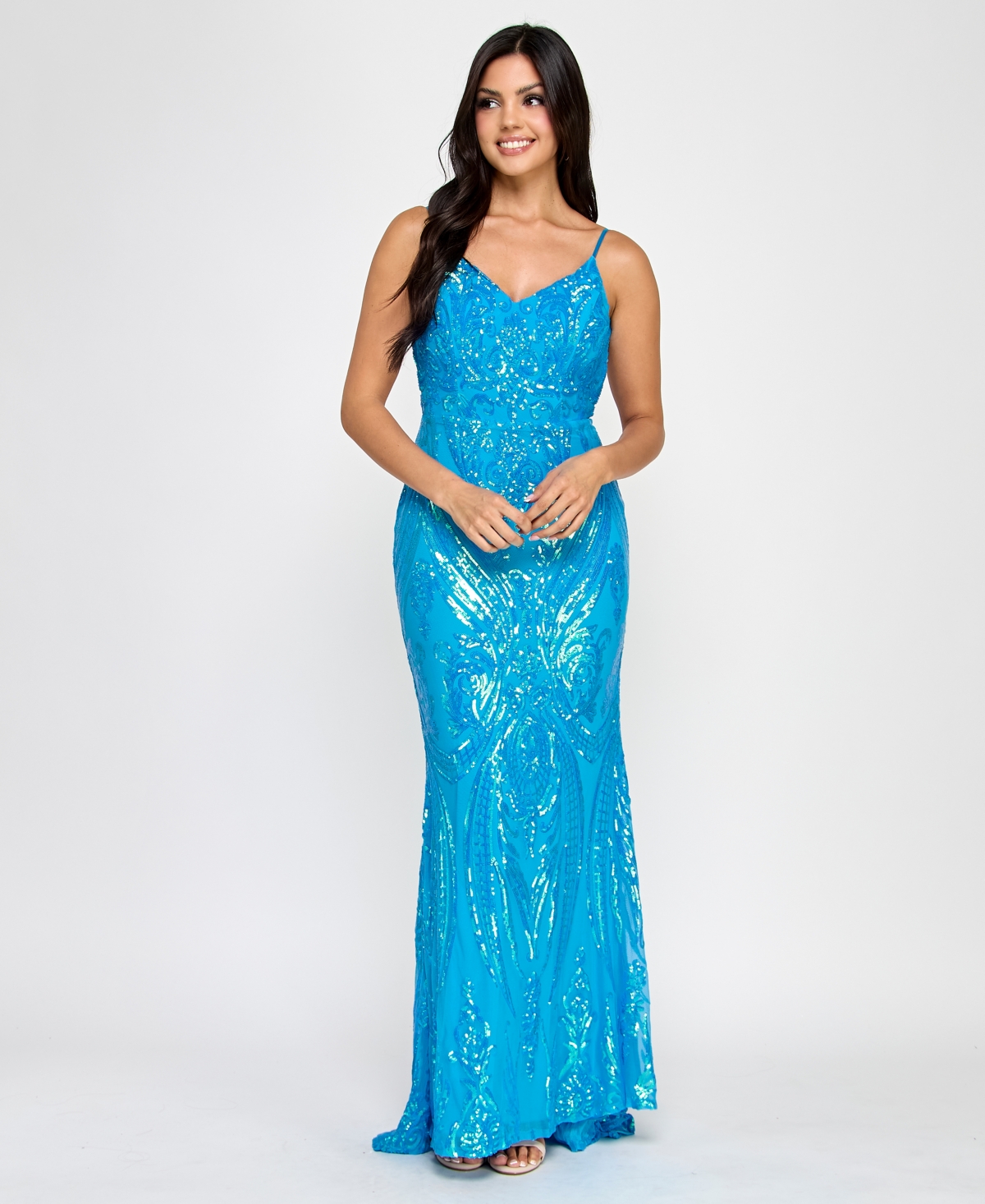 B Darlin Juniors' Sequin-pattern Floor-sweeping Gown, Created For Macy's In Tourquise Iridescent