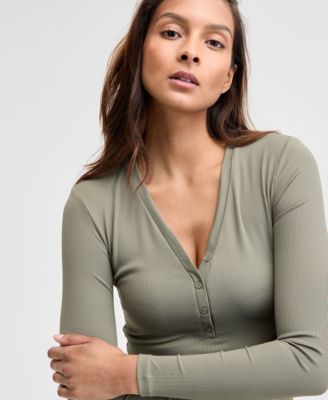 Women's Ribbed Henley-Neck Long-Sleeve Top, Created for Macy's