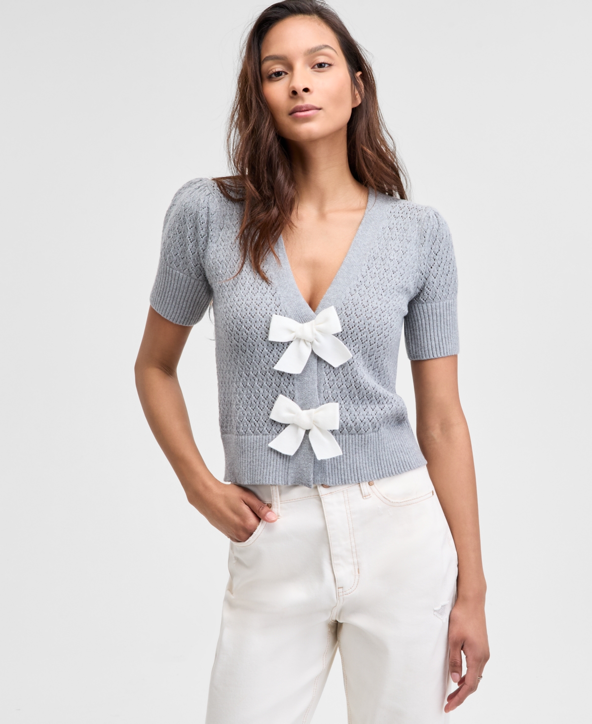 And Now This Women's Bow-front Pointelle Cardigan, Exclusively At Macy's In Lt Grey