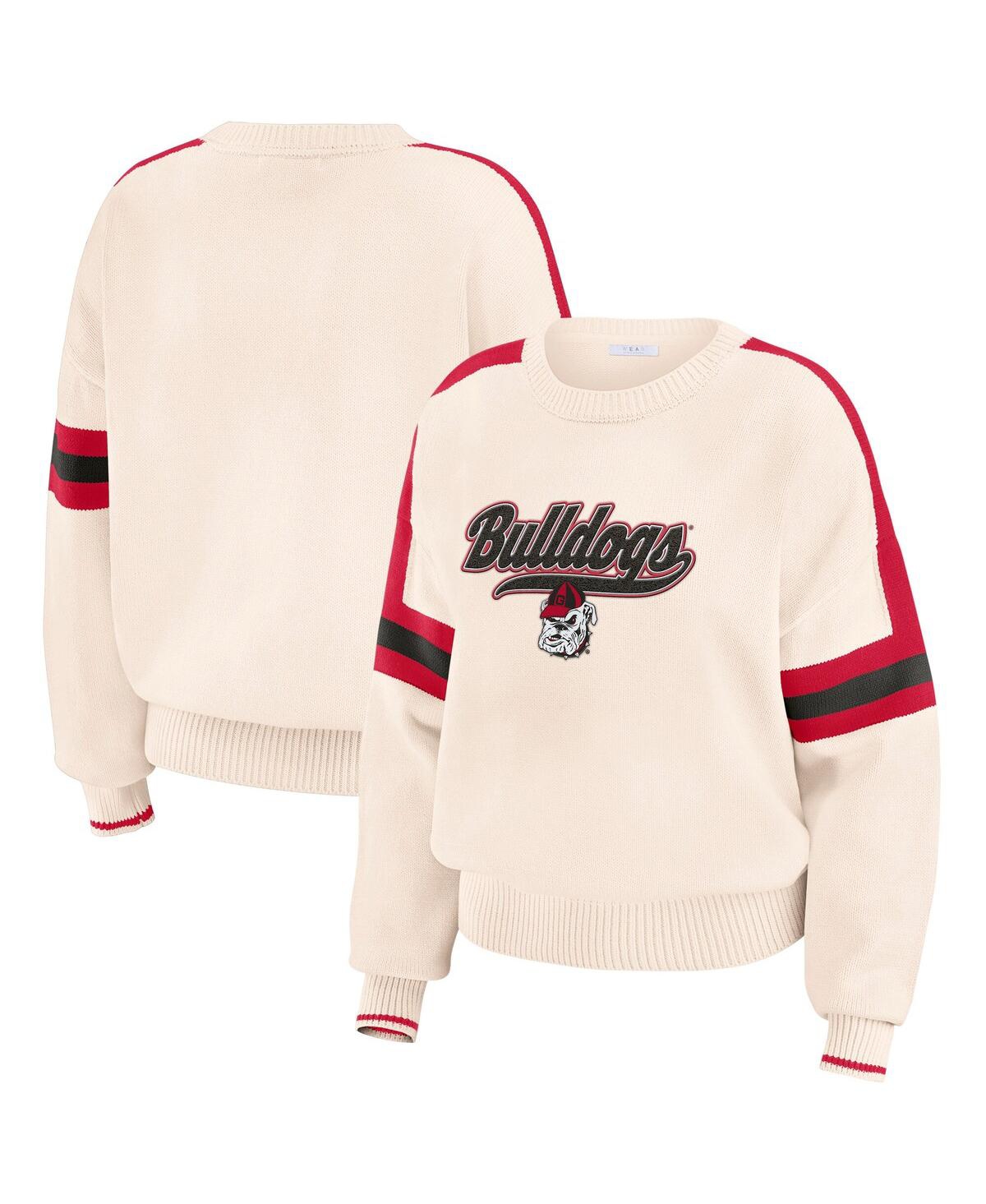 Women's Cream Georgia Bulldogs Chenille Woven Patch Stripe Pullover Sweater - Cream, Red