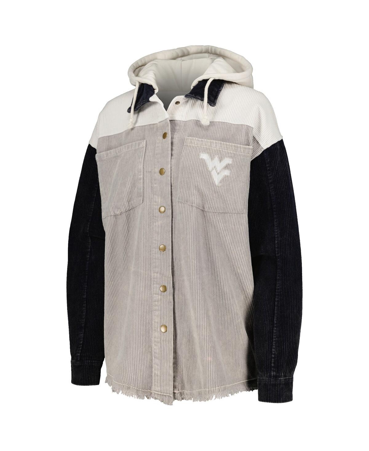 Gameday Couture Women's Gray/navy West Virginia Mountaineers Vintage Wash Corduroy Full-snap Hooded Shacket In Gray,navy