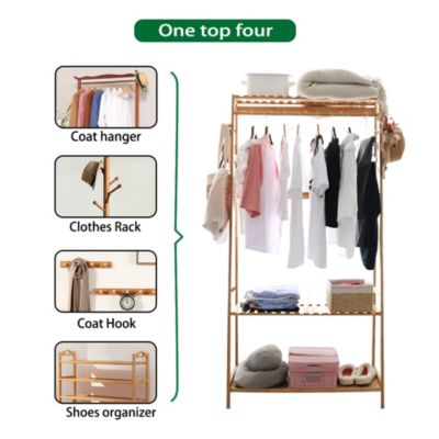 Bamboo Clothes Rail Stand Garment Storage Rack with Shoe Shelf for Bedroom and Living Room