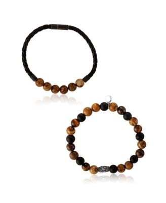 Tiger s Eye, Black Onyx, Picture Jasper Stretch Bead & Magnetic Cord Bracelet Set - 2 Piece