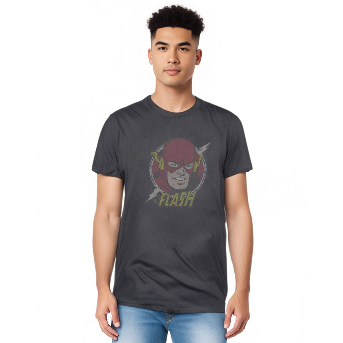 Dc Flash Mens Dc Comics Flash Vintage Voltage Short Sleeve Adult Tee / T-Shirt - Charcoal