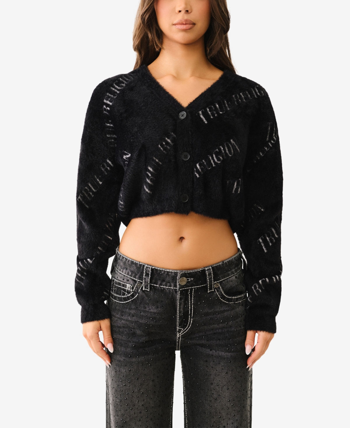 TRUE RELIGION WOMEN'S FUZZY LOGO CARDIGAN SWEATER 