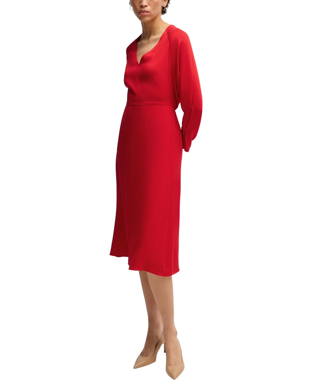 Hugo Boss V-neck Dress With Button Cuffs In Bright Red