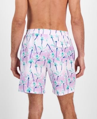 Men's Aqua Palm Tree Drawstring 7" Swim Trunks, Exclusively at Macy's