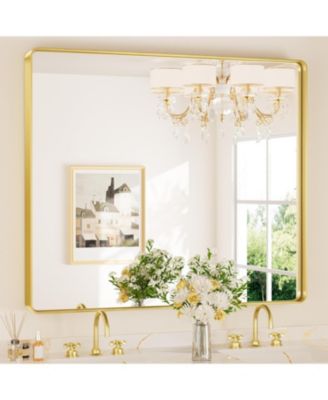 36x36 Inch Brushed Gold Bathroom Vanity Mirror Tempered Glass Metal Framed
