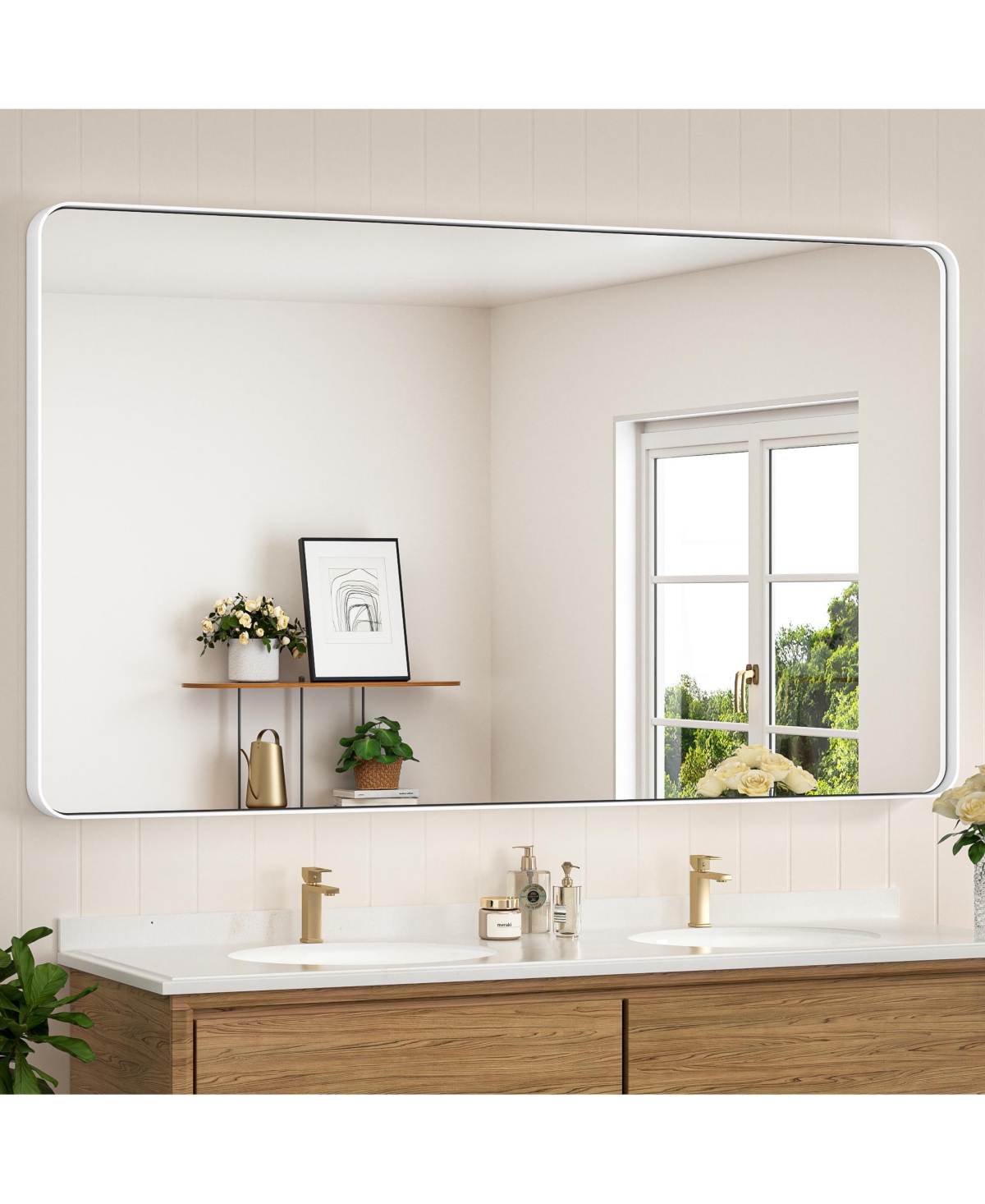 60x40 Inch Brushed Gold Bathroom Vanity Mirror Tempered Glass Metal Framed - White