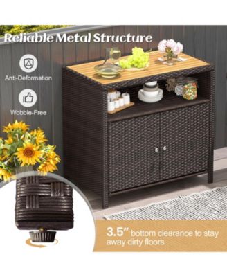 Rattan Storage Cabinet with Acacia Wood Countertop for Poolside Deck and Patio