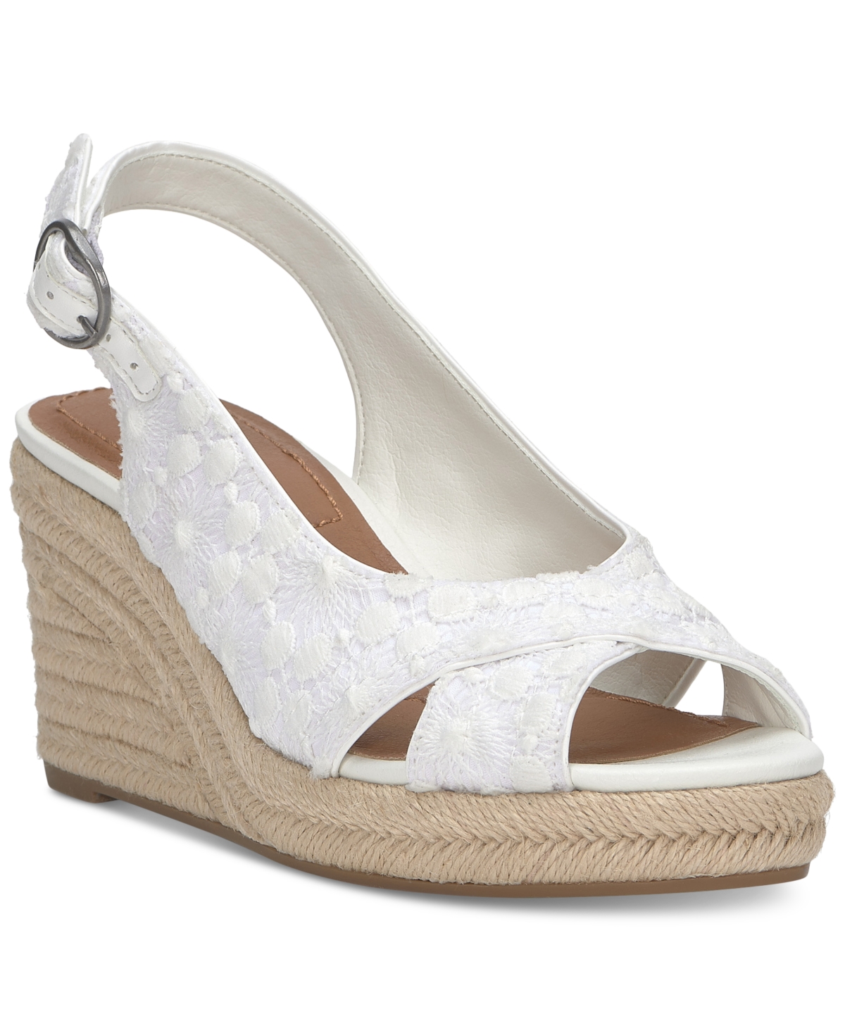 Shop Lucky Brand Women's Cyrila Floral Slingback Peep-toe Espadrille Wedge Sandals In White Lace Floral