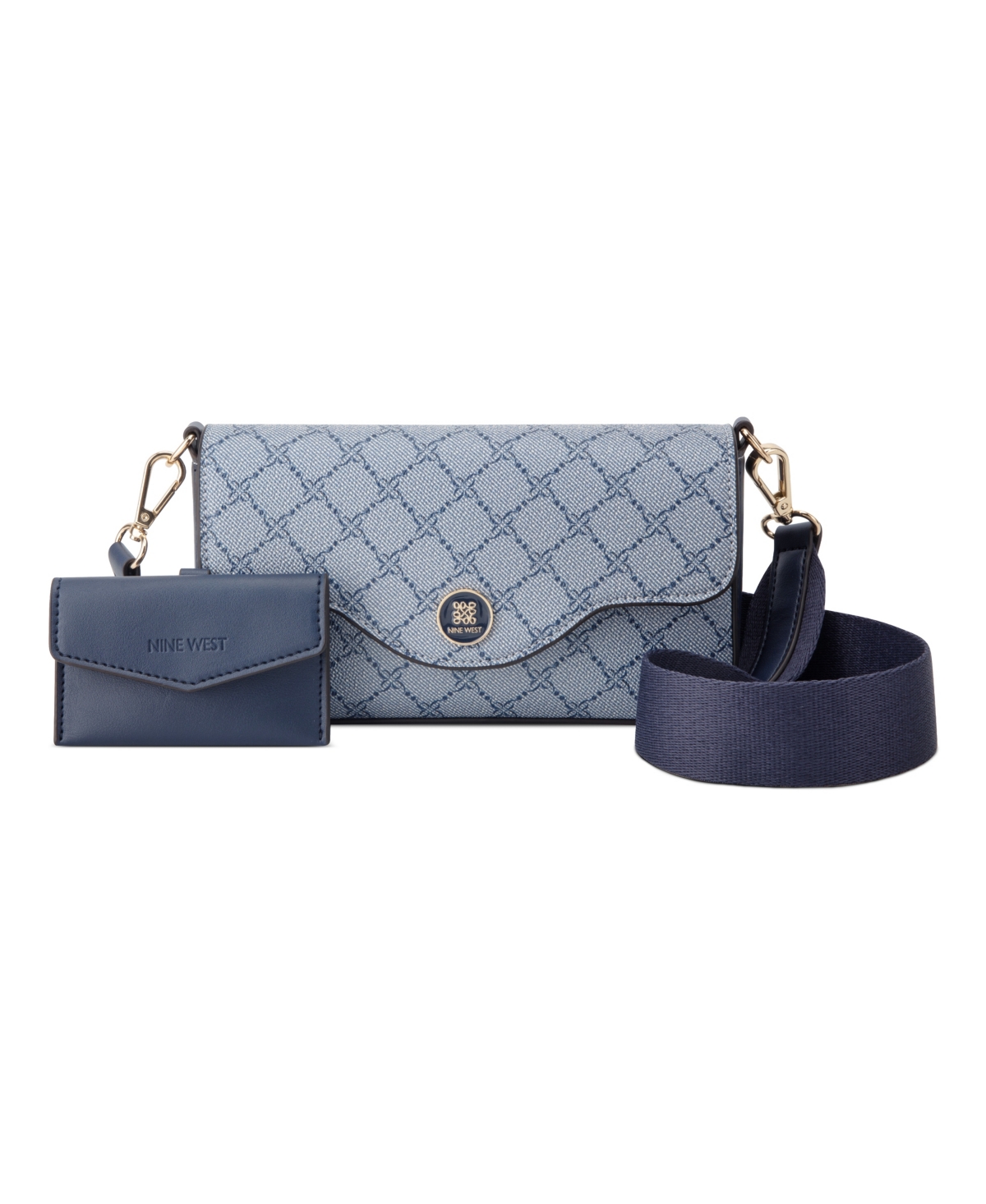 Shop Nine West Nalini Small Flap Crossbody Bag In Chambray Logo Navy